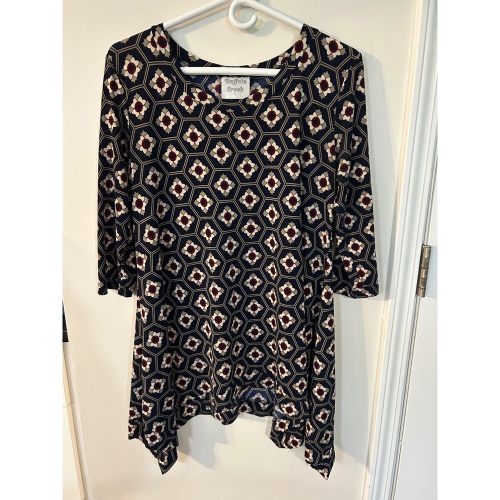 Buffalo Creek Womens Geometric Handkerchief Hem Tunic Navy 3/4 Sleeve size Med - Picture 9 of 9